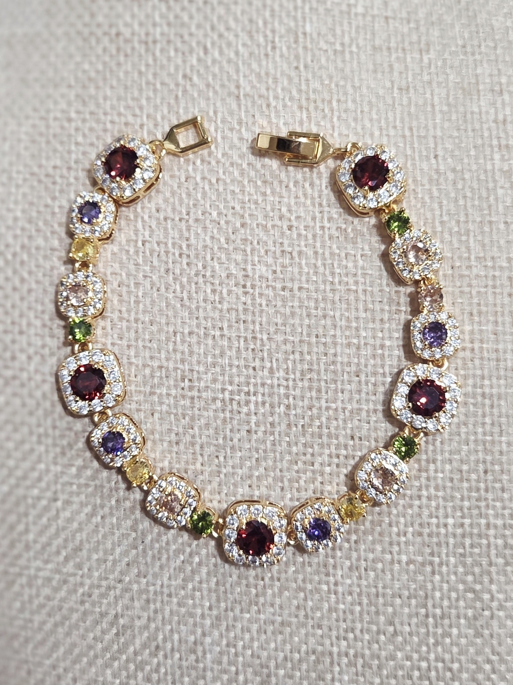 Gold Multi-Gemstone Tennis Bracelet - Purple & Red Stones